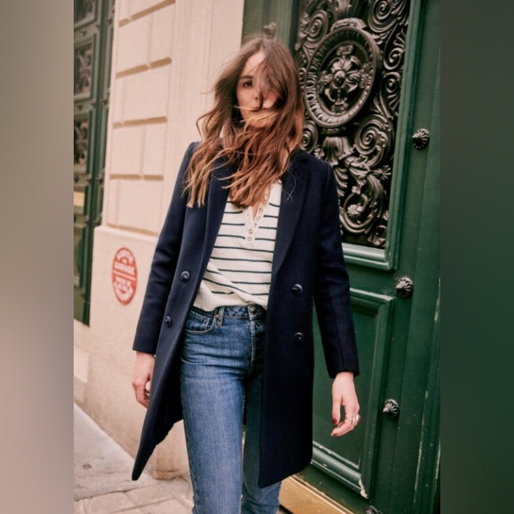 NWT Sezane Johnson Navy Wool Mid Lenght Straight Coat Size 2 US/34 Euro